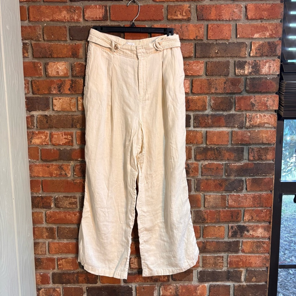 Nicole Miller womens high waisted linen wided leg pants cream 4